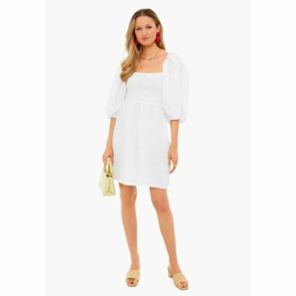Tuckernuck Women's Annie Smocked Mini Dress Linen Puff Sleeve White sz L NEW - Picture 1 of 8
